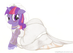 Size: 1120x820 | Tagged: safe, artist:foxxy-arts, derpibooru import, twilight sparkle, unicorn twilight, pony, unicorn, blushing, clothes, dress, female, glass slipper (footwear), high heels, mare, shoes, side view, simple background, solo, wedding dress, wedding veil, white background