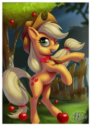 Size: 713x992 | Tagged: safe, artist:14-bis, applejack, earth pony, pony, apple, female, fence, mare, open mouth, rearing, solo, tree, wink