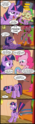 Size: 571x2000 | Tagged: safe, artist:madmax, pinkie pie, spike, twilight sparkle, twilight sparkle (alicorn), alicorn, dragon, pony, twilight time, belt, bipedal, comic, female, goofy time, kinkie pie, mare, meme, nachos, smack, spanking, whipping