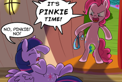 Size: 832x562 | Tagged: safe, artist:madmax, pinkie pie, twilight sparkle, twilight sparkle (alicorn), alicorn, earth pony, pony, twilight time, belt, bipedal, both cutie marks, cowering, eyes closed, female, goofy time, mare, needs more jpeg, on back, open mouth, speech bubble, spread wings, yelling