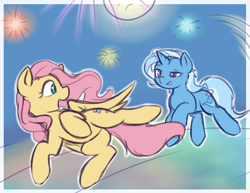 Size: 3300x2550 | Tagged: safe, artist:theparagon, derpibooru import, fluttershy, trixie, pegasus, pony, unicorn, female, fireworks, lesbian, mare, shipping, trixieshy