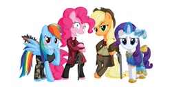 Size: 1600x815 | Tagged: dead source, safe, artist:azenge, applejack, pinkie pie, rainbow dash, rarity, earth pony, pegasus, pony, unicorn, bandana, bipedal, blazer, bowtie, clothes, fedora, feminism, frock coat, gun, handgun, pinstripe, pocket watch, revolver, shirt, shotgun, simple background, spiked club, stetson, tanktop, tommy gun, trousers, waistcoat, weapon