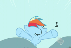 Size: 597x402 | Tagged: safe, screencap, rainbow dash, pegasus, pony, may the best pet win, animated, eyes closed, flying, hub logo, music notes, solo, whistling