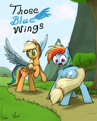 Size: 1600x2000 | Tagged: safe, artist:valcron, applejack, rainbow dash, chimera, earth pony, pegasus, pony, fanfic:those blue wings, body part swap, cover, duo, earth pony rainbow dash, fanfic, fanfic art, fanfic cover, female, flapplejack, fusion, looking at self, mare, race swap, role reversal, shock, shocked, spread wings, tail swap, wings