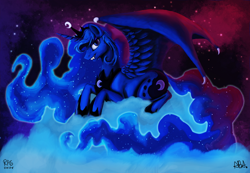 Size: 1024x710 | Tagged: safe, artist:abacusa, artist:rpg-onion, princess luna, alicorn, pony, collaboration, cloud, cloudy, fangs, prone, solo