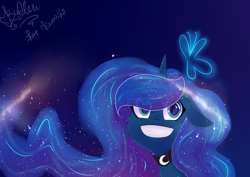 Size: 1450x1024 | Tagged: safe, artist:gnidagovnida, princess luna, alicorn, butterfly, pony, choker, signature, smiling, solo, teeth