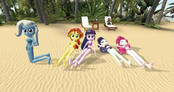 Size: 1309x697 | Tagged: safe, artist:ruben999, derpibooru import, pinkie pie, rarity, sunset shimmer, trixie, twilight sparkle, equestria girls, 3d, barefoot, beach, belly button, bikini, clothes, feet, gmod, midriff, swimsuit, tankini