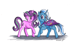 Size: 3164x1904 | Tagged: safe, artist:wojak1991, derpibooru import, starlight glimmer, trixie, pony, unicorn, best friends, cape, clothes, duo, female, mare, raised hoof, smiling, traditional art