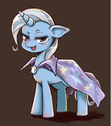Size: 1012x1143 | Tagged: safe, artist:nazonazopowerfu, derpibooru import, trixie, pony, unicorn, brown background, female, floppy ears, looking at you, mare, open mouth, pixiv, simple background, solo
