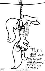 Size: 591x929 | Tagged: safe, artist:dsninja, derpibooru import, trixie, pony, unicorn, 30 minute art challenge, bondage, female, hung upside down, mare, monochrome, peanut butter crackers, rope, solo, suspended, the weak and powerless trixie, upside down