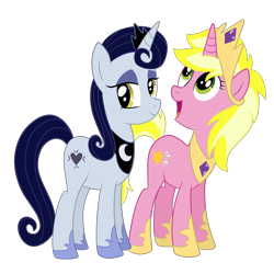 Size: 4500x4500 | Tagged: safe, artist:emera33, moonlight raven, princess luna, sunshine smiles, pony, unicorn, absurd resolution, clothes, cosplay, costume, duo, female, looking up, mare, open mouth, princess, regalia, simple background, sisters, wingless