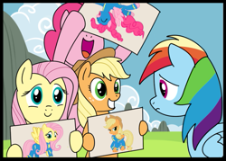 Size: 571x408 | Tagged: safe, artist:madmax, edit, applejack, fluttershy, pinkie pie, rainbow dash, earth pony, pegasus, pony, cropped, meme, sign, wonderbolts uniform, wondershy