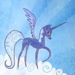 Size: 527x527 | Tagged: safe, screencap, princess luna, alicorn, pony, friendship is magic, cloud, female, hooves, horn, mare, on a cloud, pointy ponies, raised hoof, s1 luna, solo, spread wings, standing on cloud, storybook, wings