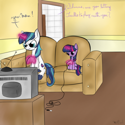 Size: 1000x1000 | Tagged: safe, artist:rodolfomushi, shining armor, twilight sparkle, pony, unicorn, brother and sister, colt, controller, female, filly, implied twilight velvet, levitation, magic, male, siblings, sofa, telekinesis, television, trolling, video game, younger
