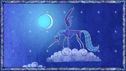 Size: 1280x720 | Tagged: safe, screencap, princess luna, alicorn, pony, friendship is magic, cloud, crescent moon, female, heart, hooves, horn, mare, moon, night, night sky, on a cloud, s1 luna, sky, solo, spread wings, standing on cloud, stars, storybook, wings