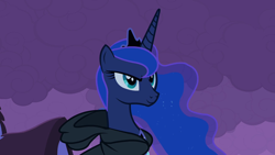 Size: 1280x720 | Tagged: safe, screencap, princess luna, alicorn, pony, luna eclipsed, hooded cape, night, smiling, solo