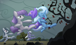 Size: 1350x800 | Tagged: safe, artist:d-sixzey, derpibooru import, limestone pie, marble pie, maud pie, trixie, pony, unicorn, female, kicking, mare, pie sisters, rock, rock farm, roundhouse kick