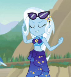 Size: 660x720 | Tagged: safe, derpibooru import, screencap, trixie, better together, equestria girls, forgotten friendship, animated, barrette, belly button, bikini, bikini babe, clothes, cropped, female, gif, glasses, great and powerful, loop, midriff, sarong, solo, sunglasses, swimsuit
