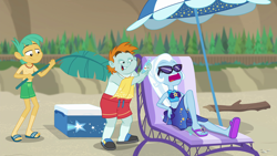 Size: 1920x1080 | Tagged: safe, derpibooru import, screencap, snails, snips, trixie, better together, equestria girls, forgotten friendship, beach, beach chair, beach umbrella, belly button, clothes, feet, flip-flops, open mouth, partial nudity, sandals, sunglasses, swimsuit, tan lines, topless, trixie's fans