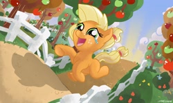 Size: 3500x2100 | Tagged: safe, artist:docwario, applejack, earth pony, pony, apple, apple tree, crying, detailed background, fence, filly, freckles, high res, running, smiling, solo, underhoof, younger