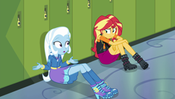 Size: 1920x1080 | Tagged: safe, derpibooru import, screencap, sunset shimmer, trixie, better together, equestria girls, forgotten friendship, boots, clothes, high heel boots, high heels, hoodie, jacket, leather jacket, lockers, shoes, skirt, socks