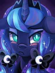 Size: 768x1024 | Tagged: safe, artist:erica693992, princess luna, alicorn, pony, alternate hairstyle, blushing, cute, filly, floppy ears, hair bow, lunabetes, pigtails, solo, woona