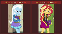 Size: 457x253 | Tagged: safe, derpibooru import, edit, edited screencap, screencap, sunset shimmer, trixie, better together, equestria girls, forgotten friendship, cropped, derpibooru, geode of empathy, juxtaposition, meta, she knows, they know