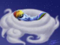 Size: 800x600 | Tagged: safe, artist:shadeysix, rainbow dash, pegasus, pony, cloud, eyes closed, female, filly, floppy ears, night, open mouth, signature, sleeping, solo, yawn