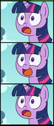 Size: 577x1333 | Tagged: safe, artist:madmax, edit, twilight sparkle, twilight sparkle (alicorn), alicorn, pony, inspiration manifestation, comic, cropped, faic, female, fluctuating degrees of want, frown, happy, mare, open mouth, reaction image, smiling, solo, varying degrees of want, wide eyes