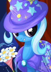 Size: 724x1023 | Tagged: safe, artist:mysticalpha, derpibooru import, trixie, pony, unicorn, bouquet, female, flower, magic, mare, solo