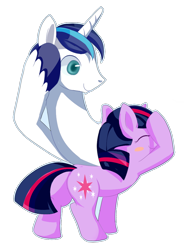 Size: 768x1041 | Tagged: safe, artist:sion, shining armor, twilight sparkle, pony, unicorn, filly, non-euclidean, pixiv, playing