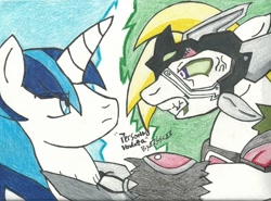 Size: 1024x757 | Tagged: safe, artist:slanderoptim7th, shining armor, oc, changeling, pony, unicorn, traditional art, vendetta