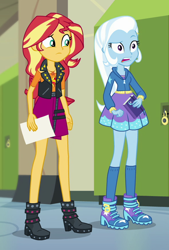 Size: 592x876 | Tagged: safe, derpibooru import, screencap, sunset shimmer, trixie, better together, equestria girls, forgotten friendship, cropped, duo, female, geode of empathy, magical geodes