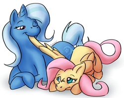 Size: 645x510 | Tagged: safe, artist:conicer, derpibooru import, fluttershy, trixie, pegasus, pony, unicorn, female, lesbian, mare, preening, shipping, trixieshy, wing bite