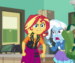 Size: 1286x1079 | Tagged: safe, derpibooru import, screencap, sunset shimmer, trixie, better together, equestria girls, forgotten friendship, cropped, female, geode of empathy, magical geodes