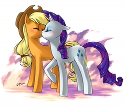 Size: 2000x1700 | Tagged: safe, artist:katiramoon, applejack, rarity, earth pony, pony, unicorn, blushing, eyes closed, female, kissing, lesbian, rarijack, shipping