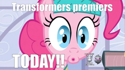 Size: 1000x563 | Tagged: safe, pinkie pie, earth pony, pony, fourth wall, hub logo, hype, image macro, meme, transformers