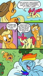 Size: 629x1100 | Tagged: safe, artist:spainfischer, apple bloom, applejack, rainbow dash, earth pony, pegasus, pony, comic, dialogue, pun