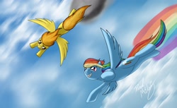 Size: 2702x1656 | Tagged: safe, artist:bigponymac, rainbow dash, spitfire, pegasus, pony, cloud, female, flying, mare, sky