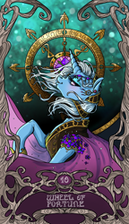 Size: 822x1425 | Tagged: safe, artist:sourcherry, derpibooru exclusive, derpibooru import, trixie, pony, unicorn, clothes, flower, jewelry, lidded eyes, major arcana, makeup, modern art, nouveau, smiling, tarot, tarot card, wheel, wheel of fortune