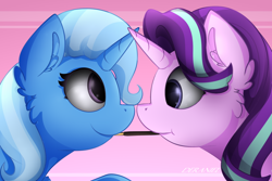 Size: 1552x1035 | Tagged: safe, artist:deraniel, derpibooru import, starlight glimmer, trixie, pony, unicorn, best friends, cute, food, horns are touching, pocky, pocky game, simple background, smiling