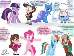 Size: 1024x768 | Tagged: safe, derpibooru import, pinkie pie, rainbow dash, trixie, twilight sparkle, earth pony, pegasus, pony, dipper pines, gideon gleeful, gravity falls, mabel pines, text, wendy corduroy