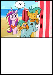 Size: 713x1000 | Tagged: safe, artist:madmax, princess cadance, snails, snips, alicorn, pony, beach, clothes, exploitable meme, meme, one-piece swimsuit, snips and snails spying meme, swimsuit, template, voyeur