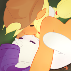 Size: 1500x1497 | Tagged: safe, artist:phaux, applejack, rarity, earth pony, pony, unicorn, female, kissing, lesbian, rarijack, shipping