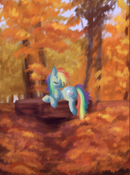 Size: 865x1156 | Tagged: safe, artist:deadgirlslikeme, rainbow dash, pegasus, pony, autumn, eyes closed, leaves, solo, tree