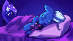 Size: 1920x1080 | Tagged: safe, artist:skecchiart, derpibooru import, trixie, twilight sparkle, pony, unicorn, bed, cute, doll, eyes closed, female, floppy ears, hug, mare, on side, plushie, sleeping, solo