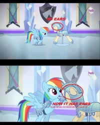 Size: 500x625 | Tagged: safe, edit, edited screencap, screencap, rainbow dash, pegasus, pony, season 3, the crystal empire, spoiler:s03, animation error, armor, bipedal, circled, ears, hub logo, jousting, mannequin, no ears, solo, the ballad of the crystal empire