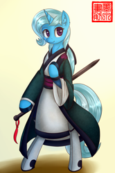 Size: 1080x1628 | Tagged: safe, artist:darksprings, derpibooru import, trixie, anthro, arm hooves, chinese, clothes, dexterous hooves, fanfic art, female, hanfu, mare, robe, solo, sword, weapon, wuxia