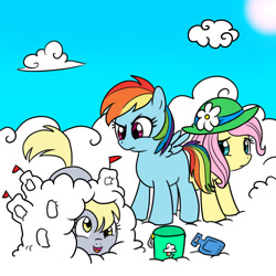 Size: 1000x1000 | Tagged: safe, artist:dexiom, artist:madmax, derpy hooves, fluttershy, rainbow dash, pegasus, pony, cloud, cloudy, colored, cute, derpabetes, filly, younger