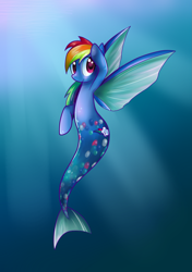 Size: 993x1407 | Tagged: safe, artist:rayne-is-butts, rainbow dash, hippocampus, merpony, solo, species swap, underwater